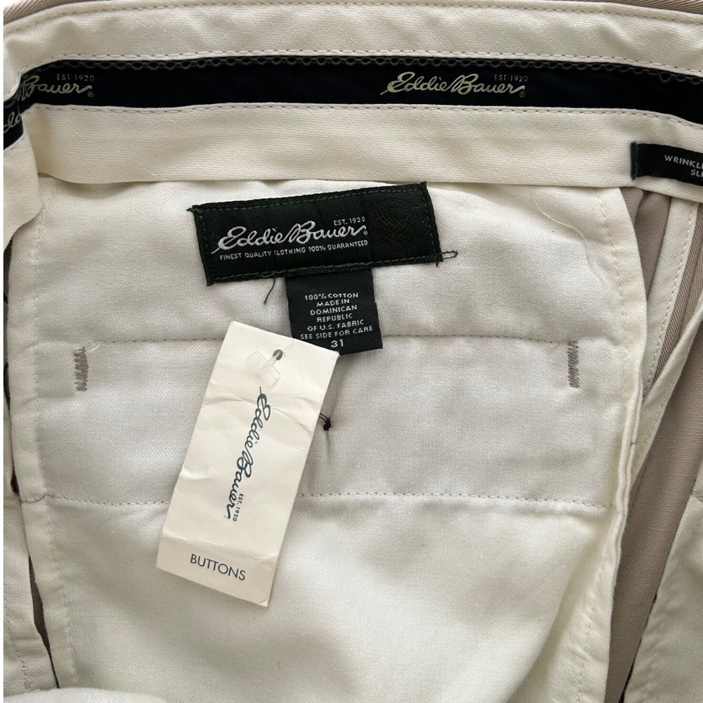 NOS Eddie Bauer Chinos Mens 31 Khaki Tan Wrinkle Resistant Slim Fit Cuffed Pants